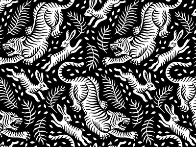 Tiger hunt, asian inspired pattern animal artwork asian black white black and white chinese creature floral hare illustration japanese monochrome ornament pattern texture tiger vector