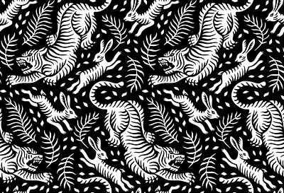 Tiger hunt, asian inspired pattern animal artwork asian black white black and white chinese creature floral hare illustration japanese monochrome ornament pattern texture tiger vector