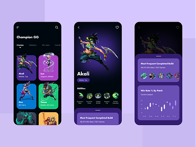 Champion GG Concept - League of Legends akali colors dark dark app dark mode dark theme dark ui design game gamer leagueoflegends minimal mobile mobile app mobile design mobile ui purple riot games