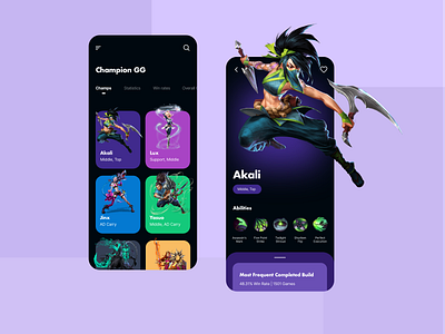 Champion GG Concept - League of Legends app dark dark app dark mode dark theme dark ui design game game app gamer ilustration league of legends leagueoflegends minimal mobile mobile app mobile design mobile ui purple riot games