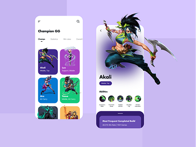 Champion GG Concept - League of Legends app design game game art game design gamer illustration leagueoflegends light light mode light theme light ui minimal mobile mobile app mobile design purple riot games