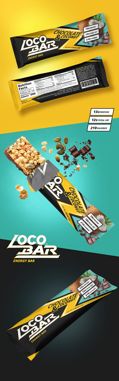 Chocolate and Coconut energy bar - Loco Bar chocolate bar design energy bar energy bar package energy snack bar mockup package package design pouch protein bar package snack bar pack snack bar package design