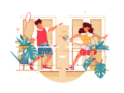 Girl and guy on balcony play badminton badminton balcony character design flat flatstyle flatvector girl guy illustration kit8 man monaco plant play self isolation sport vector woman