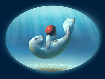 Playful Manatee 2020 animal animals art ball cute digitalart happy krita mammal manatee marine painting playful playing stylized underwater