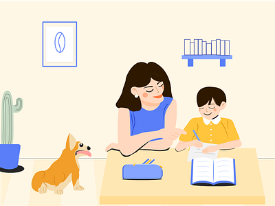 Mom tutors kids' homework in peace way drawing education illustration tutor child