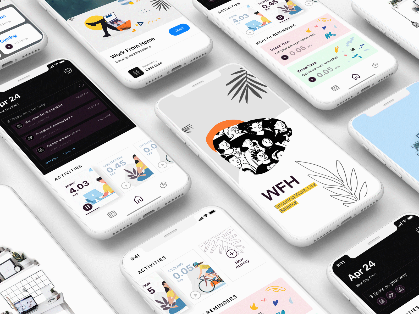 Work From Home - App Clip activities animation app application cards debut design illustraion interaction interaction design interface ios ios14 minimal mobile mobile app muzli tasks ui ux