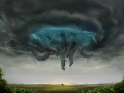Cyclone 3d art concept farm field illustration monster nature octopus rain realistic render sky storm summer tentacle thunderstorm