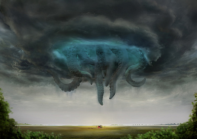 Cyclone 3d art concept farm field illustration monster nature octopus rain realistic render sky storm summer tentacle thunderstorm