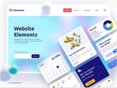 Elementro - Free UI Kits 3d app blog branding calendar cards charts clean colors design download figma flat design illustration landing page design logo minimal profile typography ui