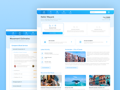 Employee Relocation - Web App activity amsterdam app blue book business city corporate destination estimates housing insights minimal movement services tasks travel trust web webdesign