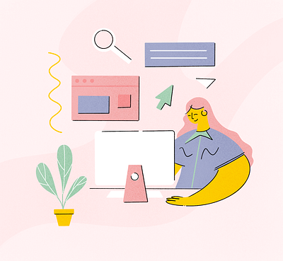 Time to work! character illustration imac laptop plants procreate search shapes work working