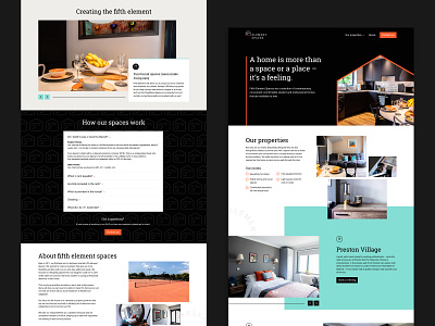 Fifth Element Spaces Website black blue bold brighton design geometric home house orange property realestate rental simple single page ui website