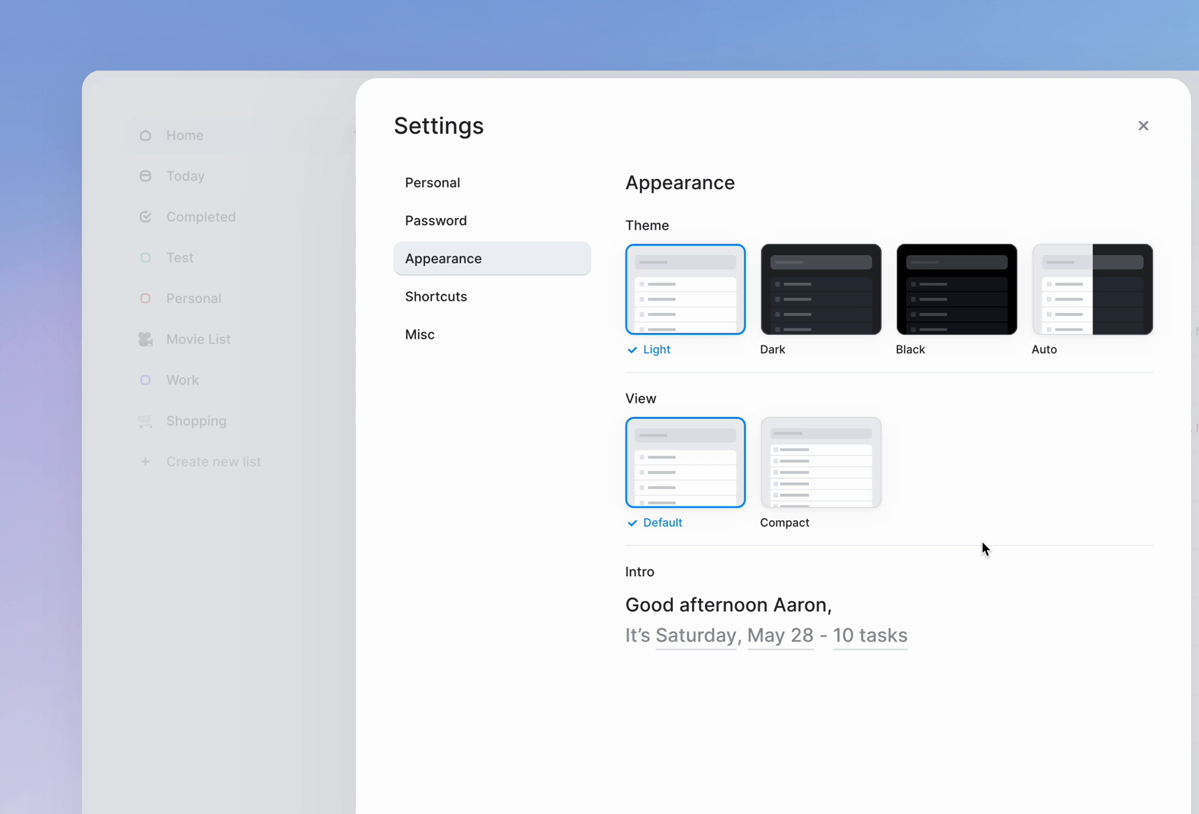 Example of Appearance settings