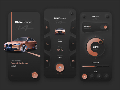 BMW Smart App Design app app design black bmw car car app dark theme dark ui gold ios mobile app neumorphic neumorphic design neumorphism product design skeumorphic skeumorphism smart home app ui ux