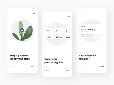 Plants app - Guide pages app cards care guide garden identification mobile onboarding photo plants reminders stepper temperature ui ux walkthrough watering