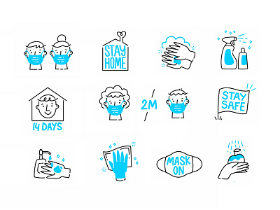 Social Distancing & Staying Safe Icon Set cleaning corona coronavirus covid19 face mask hand hand drawn icons illustration procreate quarantine sanitizer sanitizing social distancing stay home vector virus washing