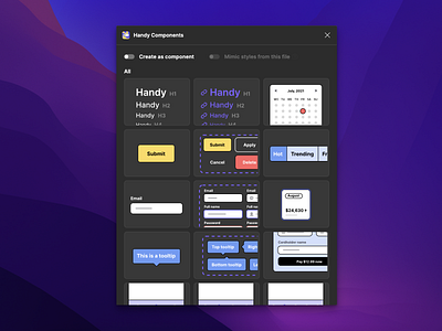 Handy Components Dark Mode component dark mode dark theme figma grid illustrations plugin ui