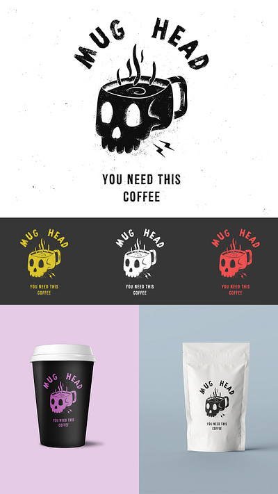 Mug head coffee black white brand identity branding coffee coffee bag coffee bean coffee cup coffee logo coffee shop coffeeshop design grunge grunge font grunge texture grunge textures identity illustration logo typography vector