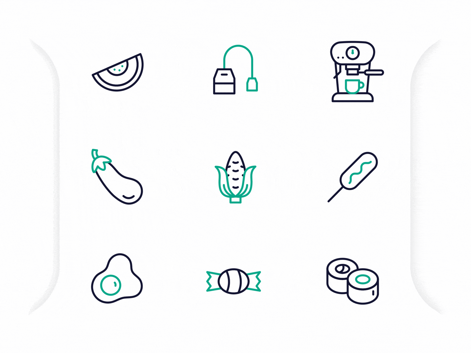 Food Animated Icons #10 2d animation animation bodymovin candy coffee coffee machine coffee maker corn corn dog egg icon icon set lottie melon microinteraction microinteractions sushi svg animation tea tea bag