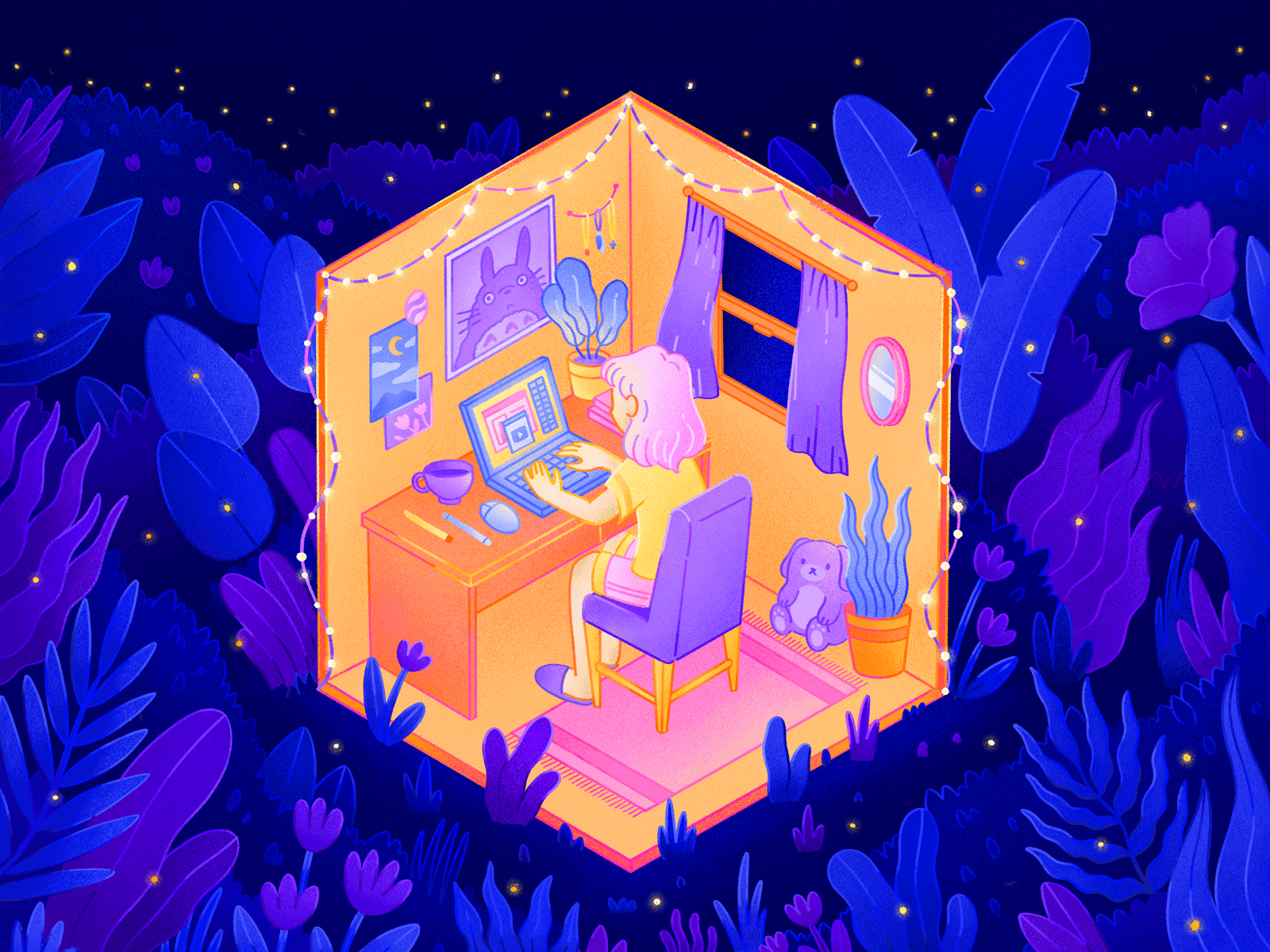 Work from Home Life blue digital illustration editorial editorial illustration gif illustration isometric plants procreate