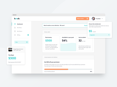 bunch / Dashboard billing bunch car clean dashboard dashboard design dashboard ui desktop app insurance insurance app minimal modern money responsive design simple ui ux design vehicle white