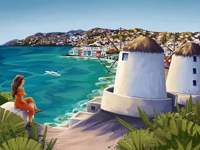 Mykonos art beach charactedesign children book illustration coast enviroment environment art girl illustration mediterranean mykonos nature ocean sea seaside travel travel illustration traveling windmills woman