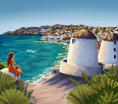 Mykonos art beach charactedesign children book illustration coast enviroment environment art girl illustration mediterranean mykonos nature ocean sea seaside travel travel illustration traveling windmills woman