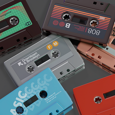 Audio Cassettes with Labels. 3d 80s art audio autocad blender cassette design hi fi illustrator nyc original photoshop project render retro stickers subway tapes vintage