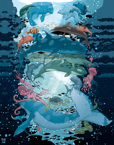 Abundant Sea - Process + close ups animals design dolphin fish illustration ocean ocean life penguin sea sea life shark sketch tropical turtle underwater whale