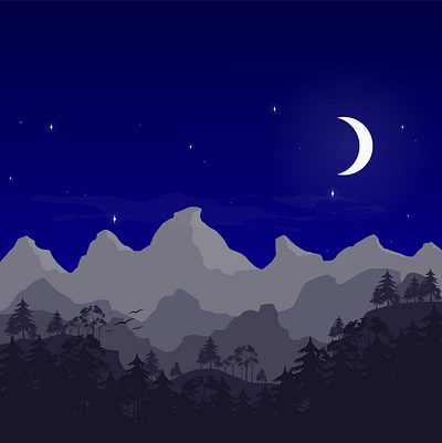 Moutains under the moonlight amateur beginner design flat design forest illustration illustrator moon moonlight mountain nature night stars trees vector