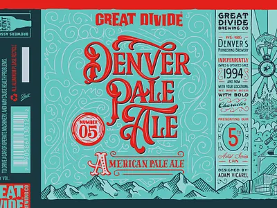 Great Divide Denver Pale Ale Artist Series Beer Can Design america beer beer can beer label branding colorado craft beer denver filigree great divide hand lettering illustration lettering logo logotype packaging design pale ale teal typography victorian