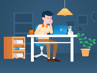 Working at night desk laptop night office paperworks stressed vector work workfromhome workspace
