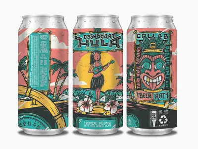 Dashboard Hula Can Mock bamboo beer beer can beer label branding car classic car design handlettering hawaii hula illustration lei ocean palm trees surf surfing tiki tiki mask tropical