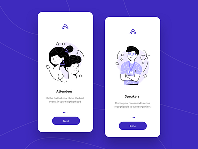 Appreciation App - Onboarding Screens app appreciation couple event faces illustration kudos launch onboarding organiser pattern purple speaker startup walkthroughs