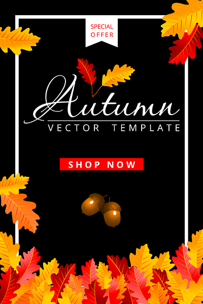 Autumn oak leaves sale layout. Special offer web banner template acorns ad advert advertising autumn leaves background collage design flyer frame illustration invitation label promotion seasonal september typography vector voucher web