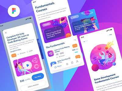 [FIGMA Freebie] E-course mobile app course e course exploration flat illustration game development illustration mobile app onboarding screen