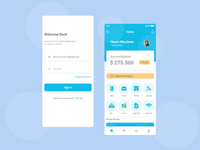 ISP Mobile App app design home screen internet isp login form login page networking office ui ux