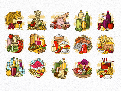 Italian food illustrations. cheese design fish food ham icon illustration italian oil olive parma pasta sausage seafood vector water wine