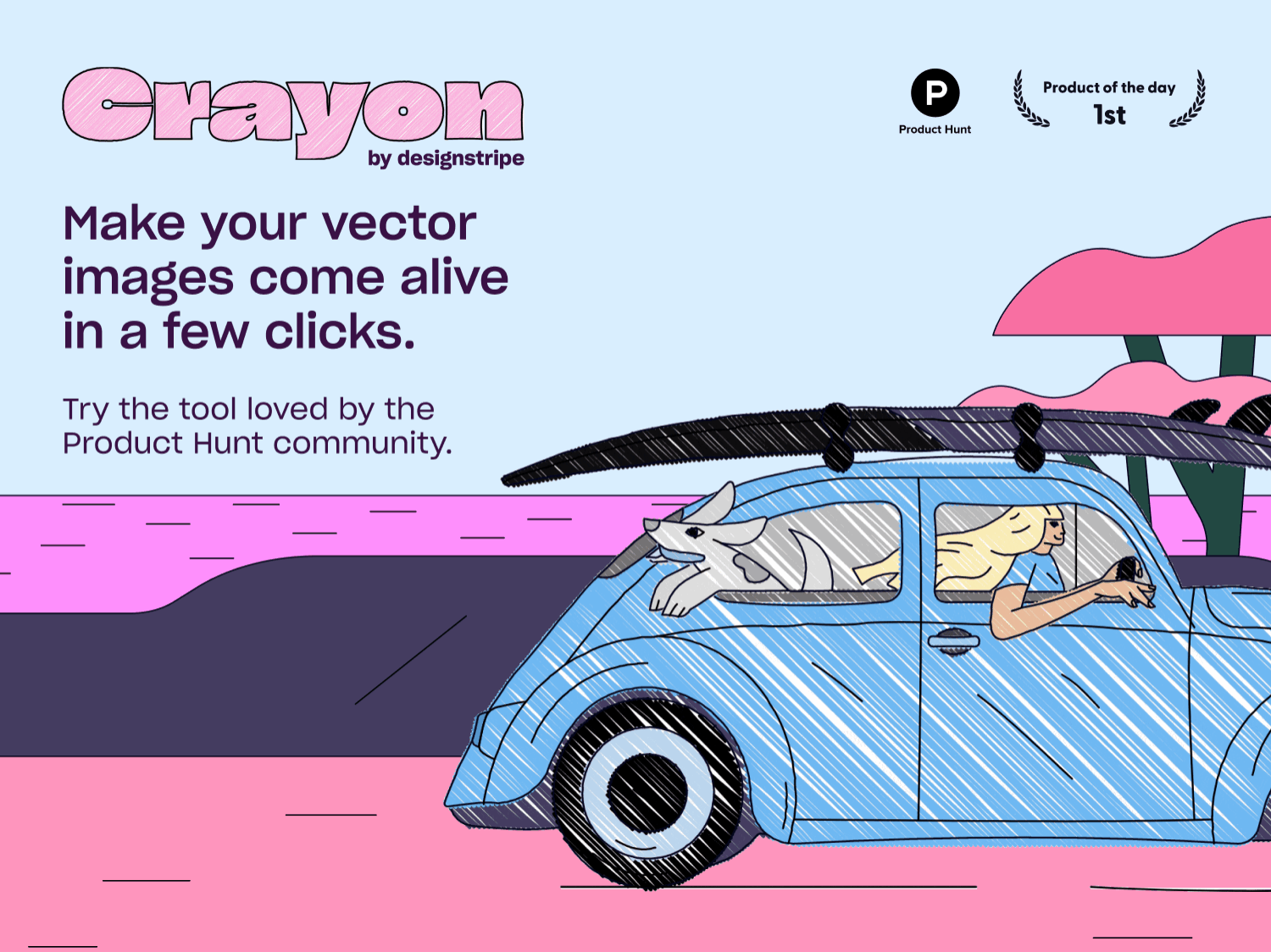 Crayon by designstripe, live on Product Hunt ai animatedillustration animationdesign entrepreneurship product hunt startup svg