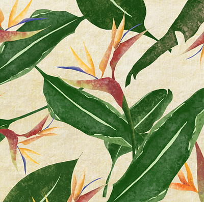 Bird Of Paradise Pattern birdofparadise botanical illustration design digitial drawing floral pattern green illustration jungle leaves patterndesign red travel art tropical tropical leaves