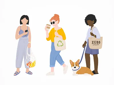 Eco girls character concept eco ecobag ecological ecology flat illustration vector zerowaste