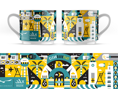 Illustration city of jax beach clean dark flat coffee sea turtles