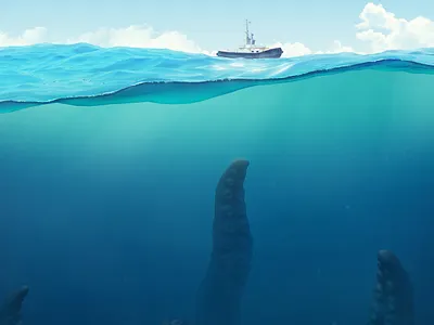 Water beast 3d 3dsmax art boat concept deep sea giant marine monster octopus render sea tentacles water