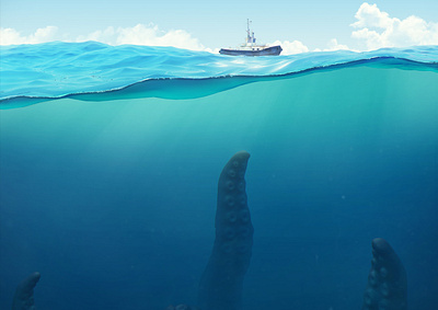 Water beast 3d 3dsmax art boat concept deep sea giant marine monster octopus render sea tentacles water