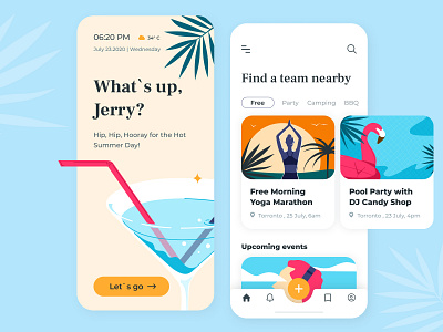 Summer Events Together - Mobile App application arounda cards cocktail concept design event app figma flamingo illustration menu mobile app navigation menu palm party summer sunrise ui ux yoga