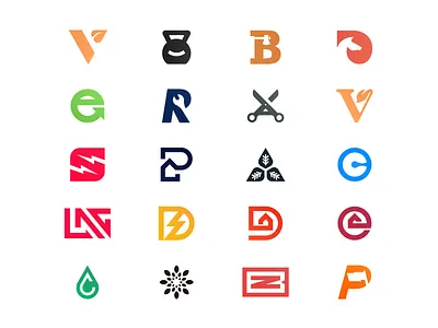 Logo collection 2 axe branding collection color d logo horse house identitydesign kettle bell leaf lighting logofolio negative space p logo r logo recycle scissors smile v logo wrench