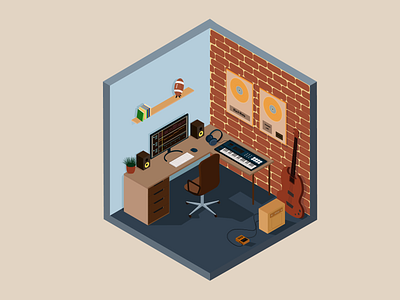 Musician's room guitar isometric isometry music musician room workspace