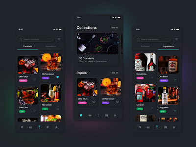 Cocktails - Neuomorphic mobile app dark design app bar black cocktail dark theme dark ui figma mobile neuomorphic skeuomorph