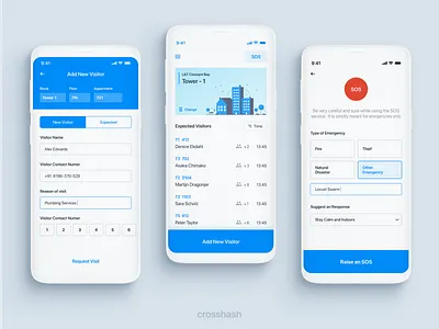 Gatekeeper App appartment arrival blue cards ui checking in design emergency flat ui gaurd app guest minimal ui mobile design sos typography uiux uiuxdesign visitor