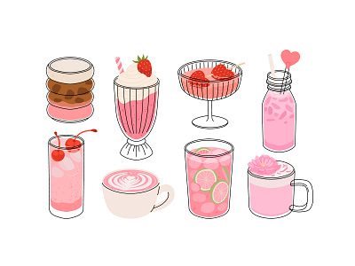 Valentines day drinks set beverage cartoon coffee concept design drink flat heart illustration latte love pink strawberry valentine vector